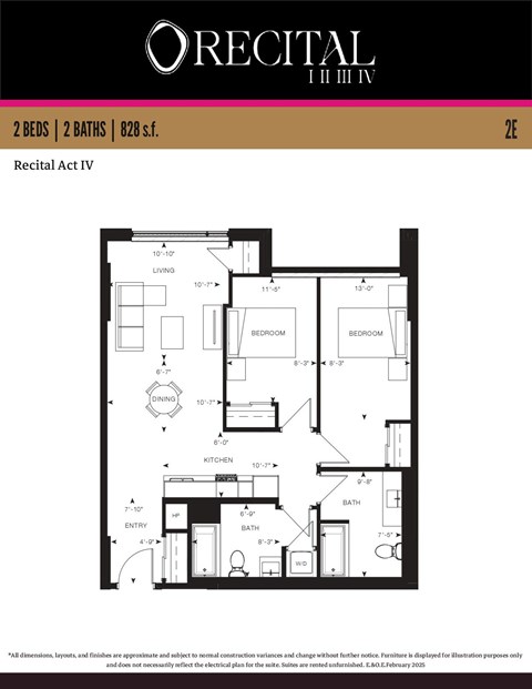 A floor plan for the Recital Act IV apartment, which has 2 bedrooms and 2 bathrooms.